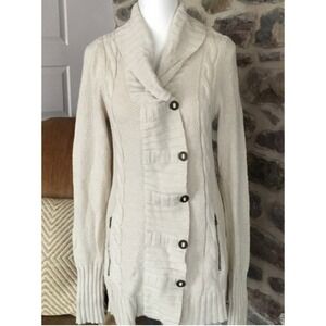 Athleta Chunky Knit Shawl Cardigan Sweater Beige Cable Knit Zip Pockets - L